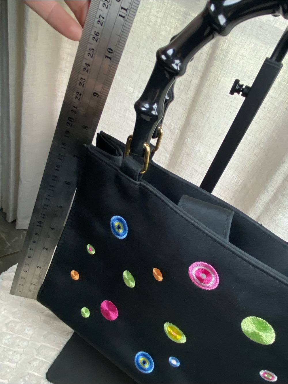 Vintage Y2K Tianni Handbag Black Nylon Bamboo Handle Retro Mod Embroidered - Picture 11 of 13